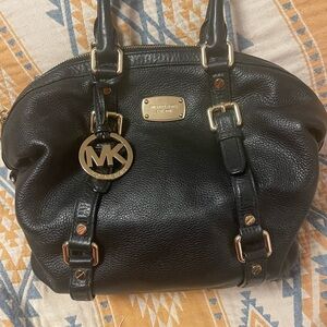 Michael Kors Black Leather Bedford Bowling Satchel with Gold Accents